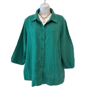 NWOT FLAX Womens Oversized Lagenlook Linen Green Blouse 3/4 Sleeve M (10-14)